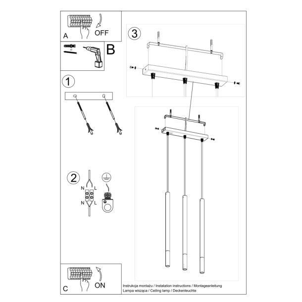 Lampe suspendue Solyon 3L noir/cuivre