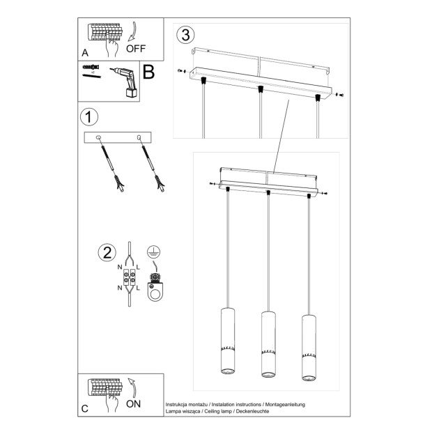 Lampe suspendue Elaeon 3L noir/chrome